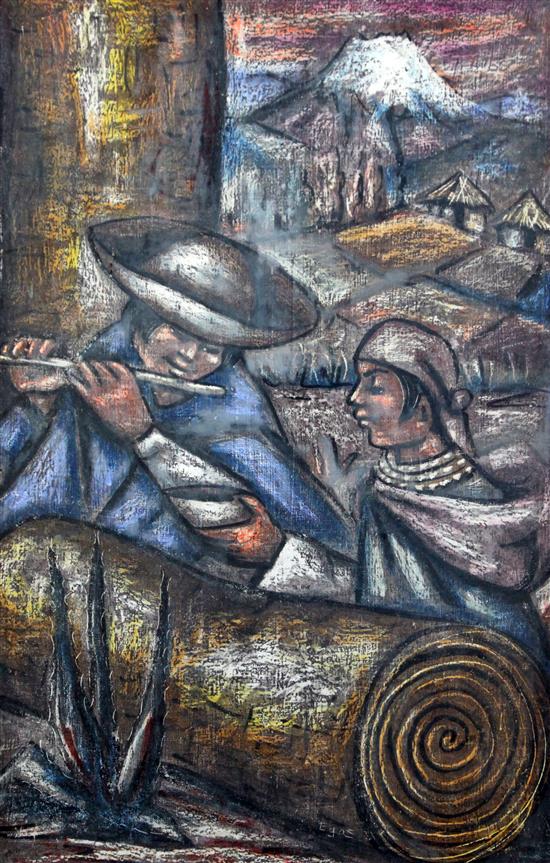 Camilo Egas Figures in a mountainous landscape with flute player, 23 x 15in.